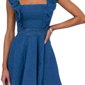 New women’s L summer ruffle denim dress, adjustable straps, A line